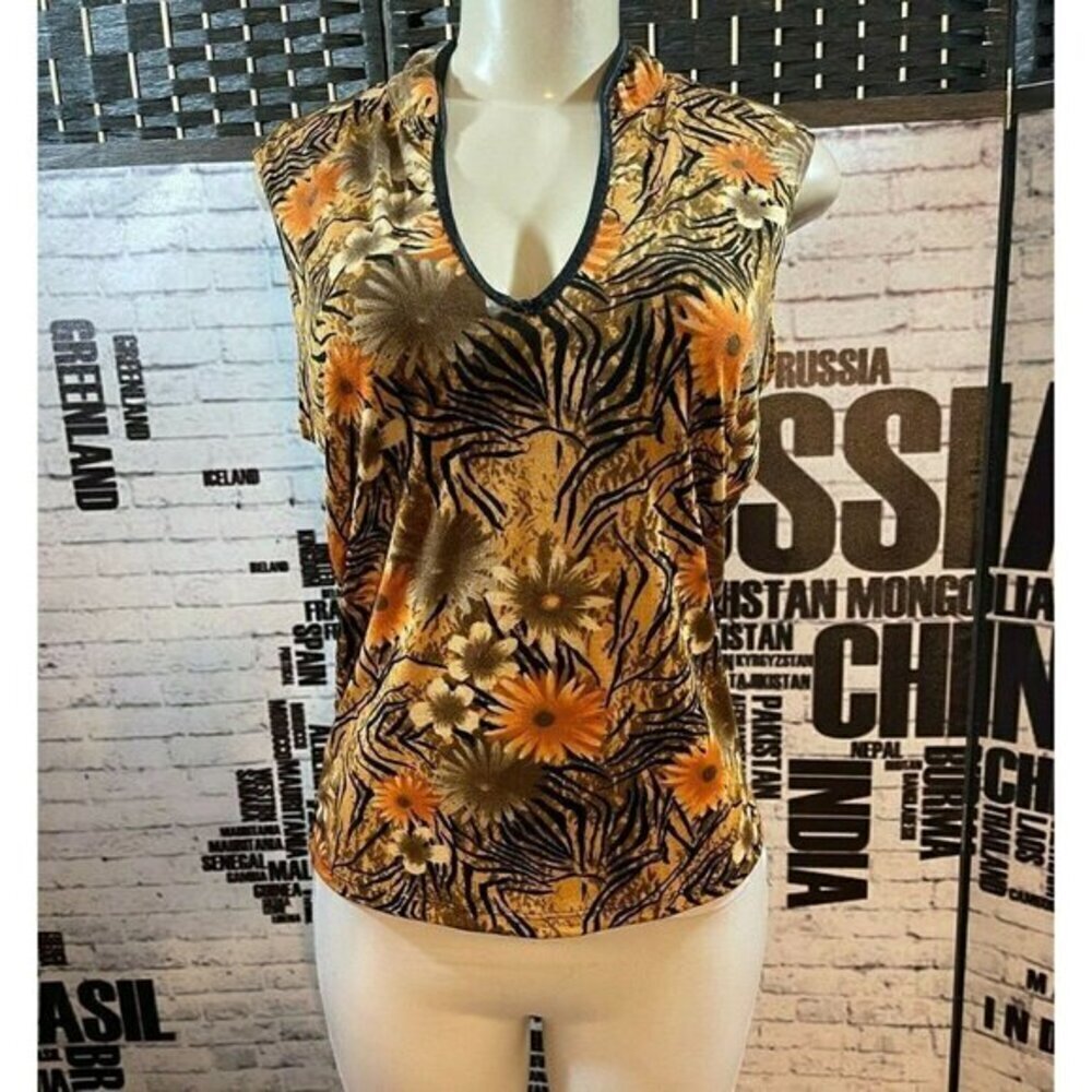 Susan Lawrence L Floral Fall Colors Print V-Neck Sleeveless Top